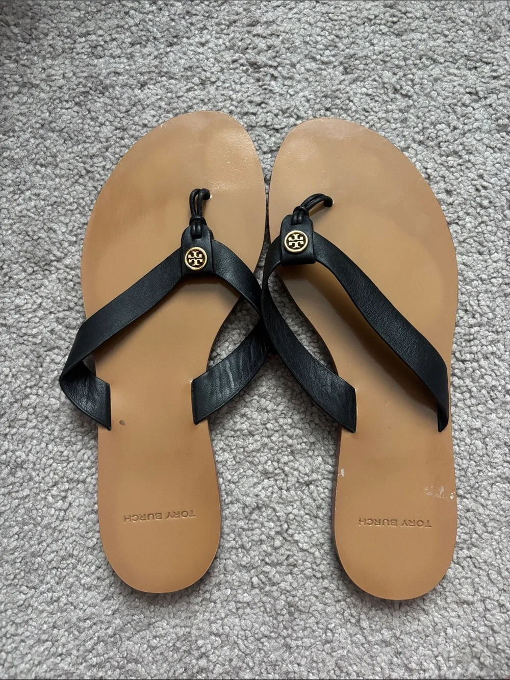 Tory Burch Black and Tan Leather Thong Sandals